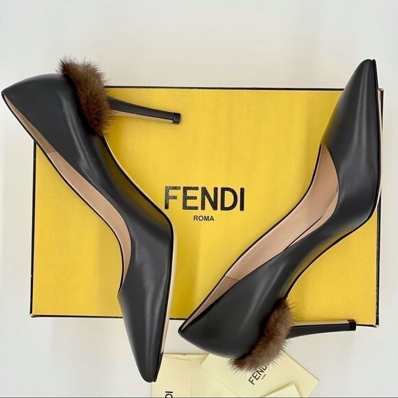 NEW Black Fendi Heels Leather and Mink Pumps Women’s Size 39.5 - Picture 1 of 15